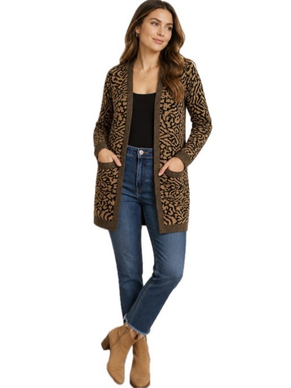Yest, tiger print knit cardigan long relaxed fit with black trim, size 16